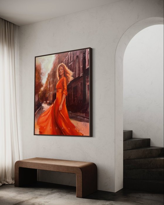 Girl on Kingsday, large oil painting of beautiful blonde girl in an orange maxi dress