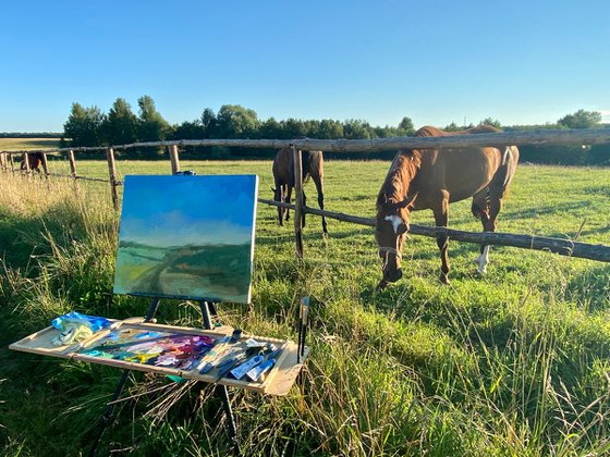 Fields - Yellow mood, 50*60 cm, impasto impressionistic landscape oil painting in yellow and blue colours