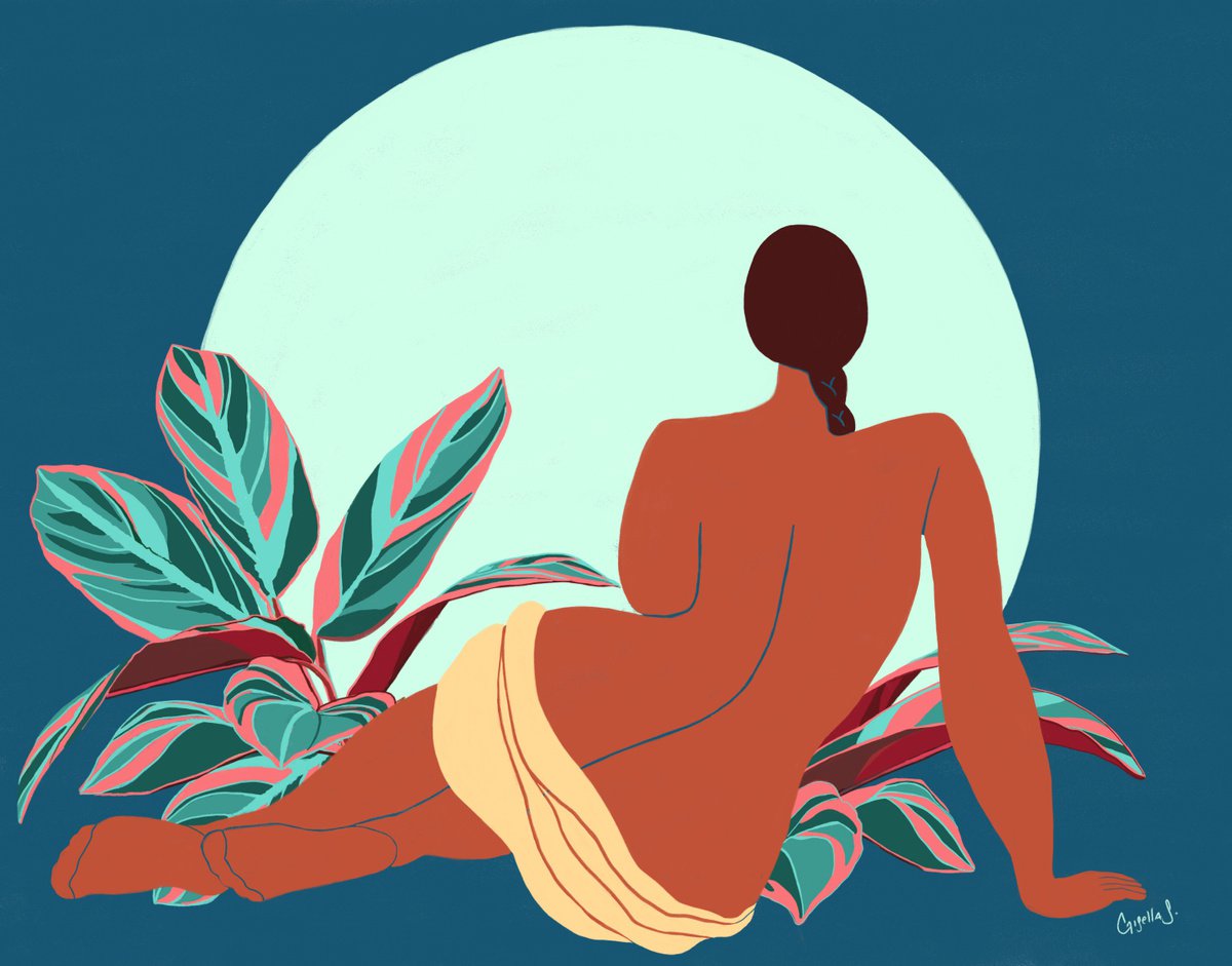Moon Bathing 2. Woman and Calathea Triostar by Gisella Stapleton