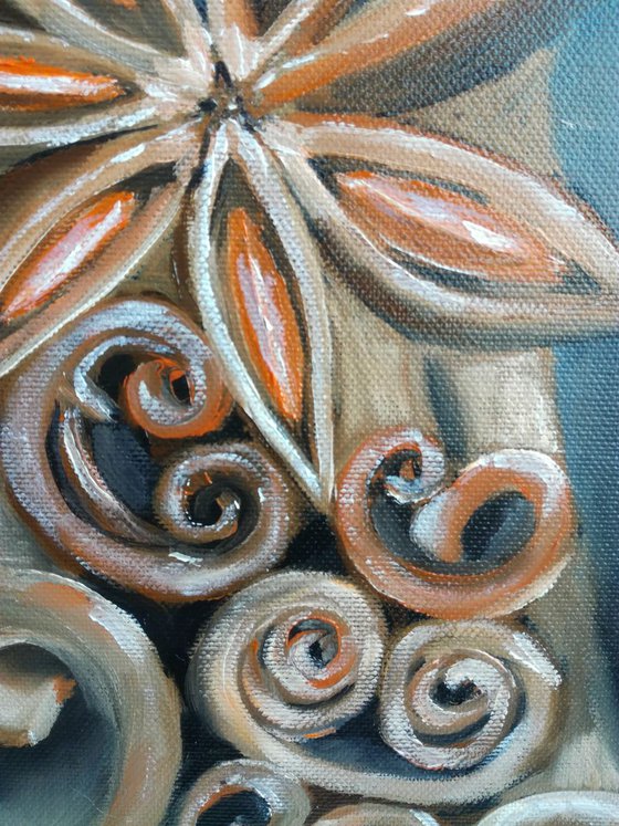 Cinnamon, still life, spice, small oil painting