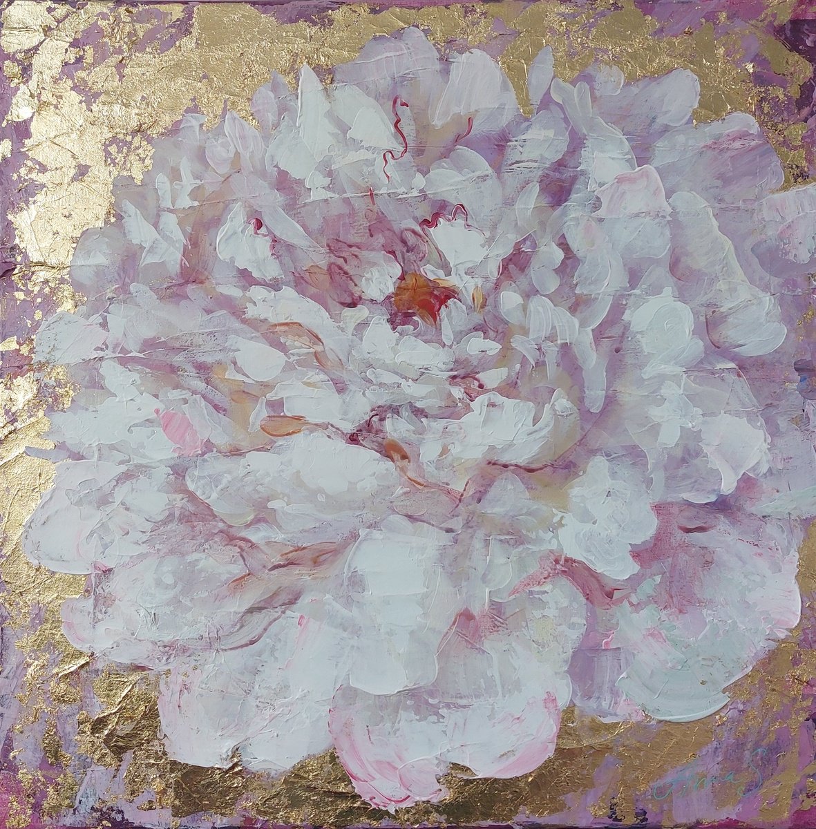 Expressive Botanical Acrylic Painting By Anna Silabrama, 16 X 16, - ?Golden Grace - ?, Original Artwork