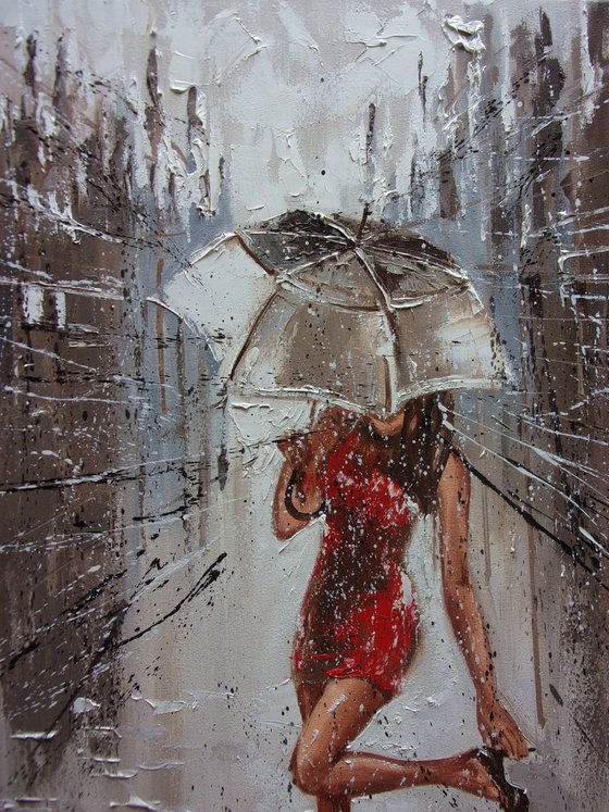 " RAINY ... "  RAIN street spring summer original painting CITY palette knife GIFT