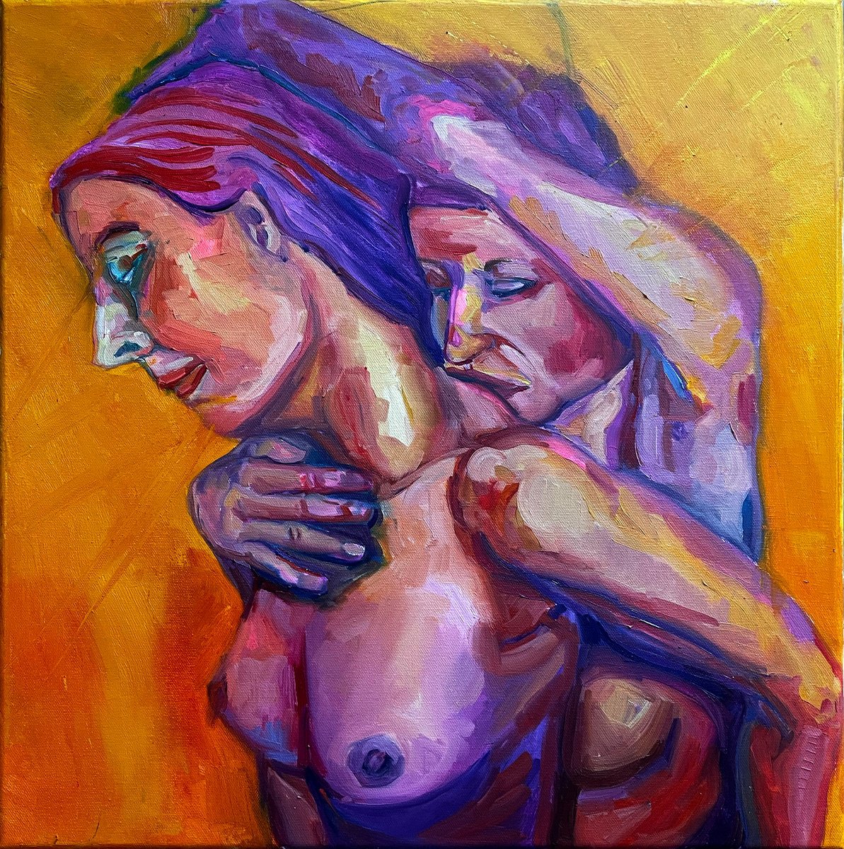 Impressionistic Portrait Oil Painting By Ulli Schmitt, 20 X 20", Women In Love, Original Artwork
