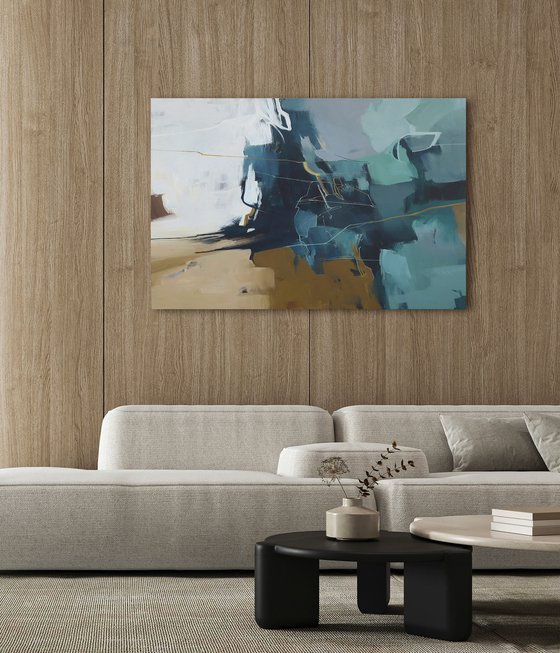 "Bosco" Abstract dark teal beige acrylic art