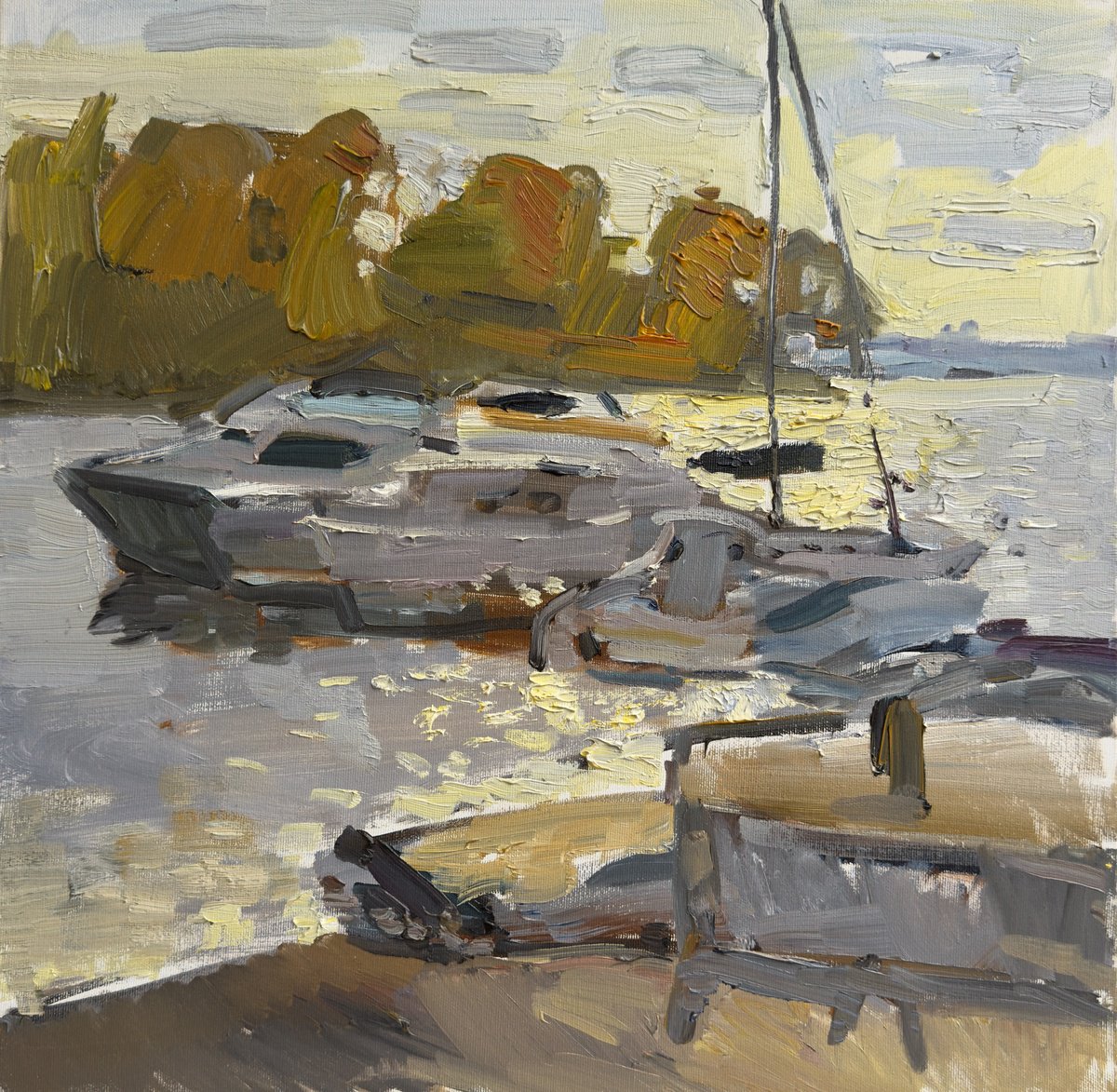 Golden Evening On The River By Olha Laptieva, 20 X 20, Artwork For Sale On Artfinder