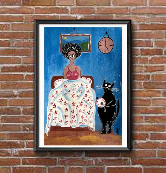 Cat Painting Woman Original Art Pet Artwork Animal Wall Art 8 by 12" by Halyna Kirichenko