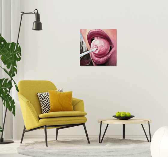 CHUPA CHUPS - original oil painting, pink, lips, gift, home decor, office decor, wall art,