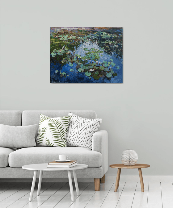 White Water Lilies - Impasto Original Oil painting 90 x 70 cm