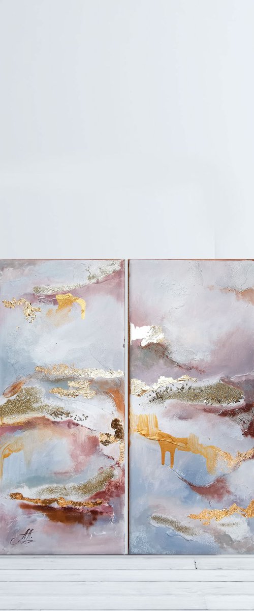 4 piece wall art, Gold Leaf Painting, Sand glitter paintings by Annet Loginova