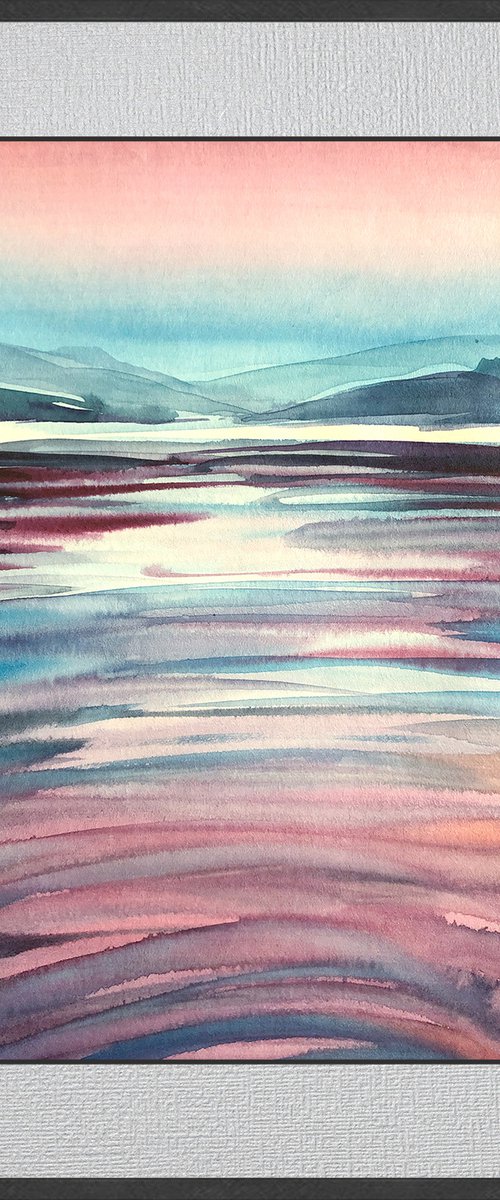 PURPLE SUNSET ON WATER, Original Impressionist Vertical Landscape Watercolor Painting by Nastia Fortune