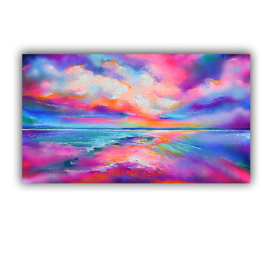 New Horizon 170 - 140x80 cm, Colourful Seascape, Sunset Painting, Impressionistic Colorful Painting, Large Modern Ready to Hang Abstract Landscape, Pink Sunset, Sunrise, Ocean Shore