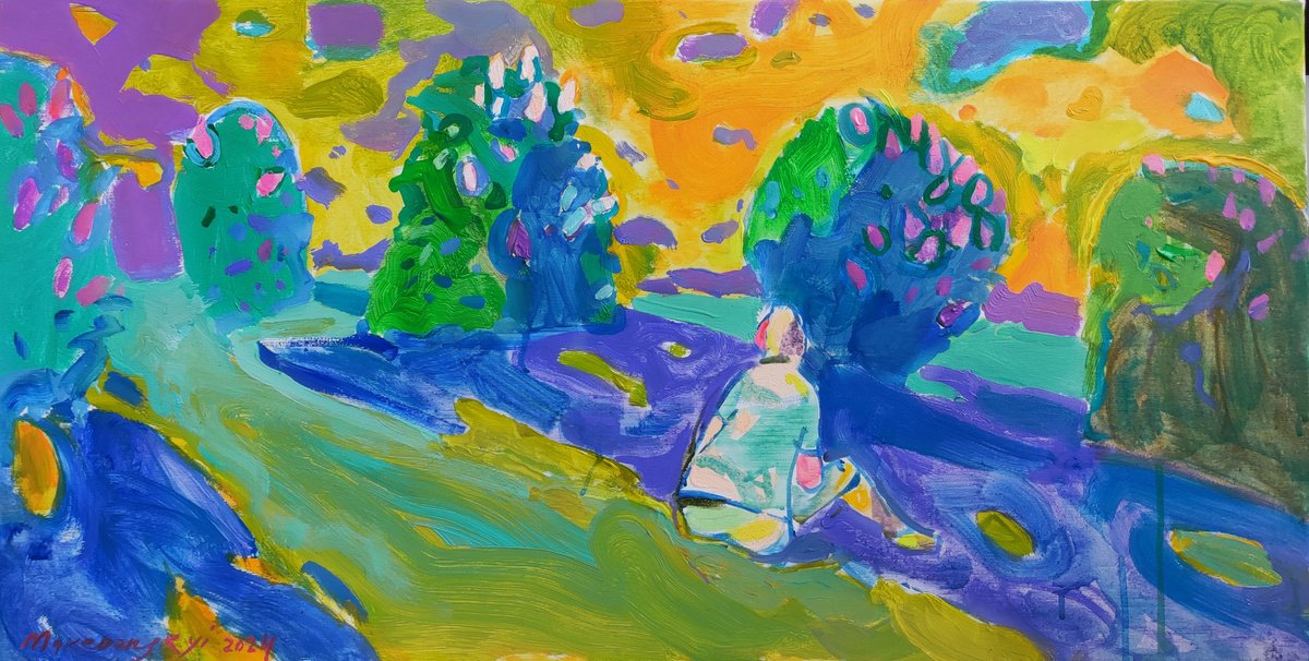 Impressionistic Landscape Acrylic Painting By Pavlo Makedonskyi, 37 X 19", Among The Lilacs, Original Artwork