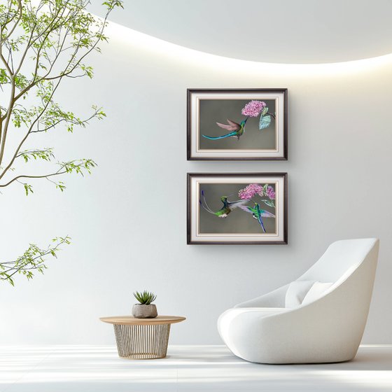 Colibri Flowers Diptych Pastel