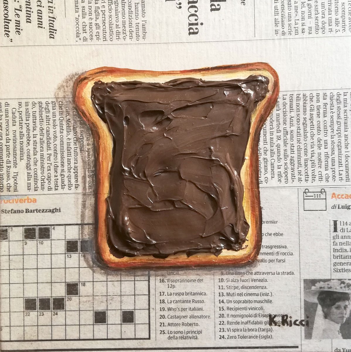 Toast with Nutella Original Acrylic on Canvas Board Painting 8 by 8 inches (20x20 cm) by Katia Ricci