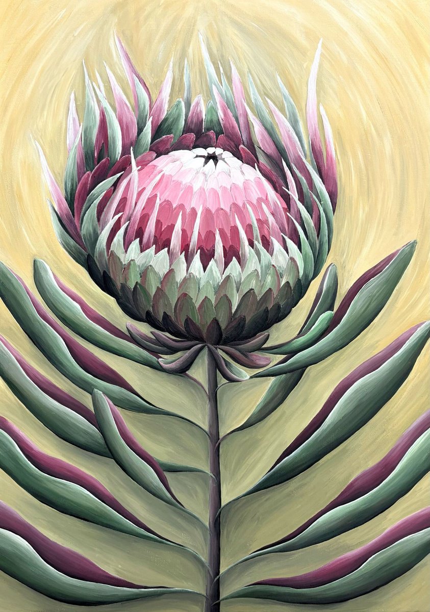 Impressionistic Botanical Acrylic Painting By Maria Tuzhilkina, 20 X 28", Tropical Protea Flower, Original Artwork
