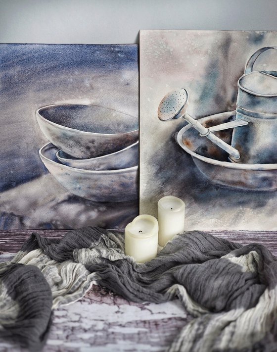 Bowls - original watercolor blue and gray color