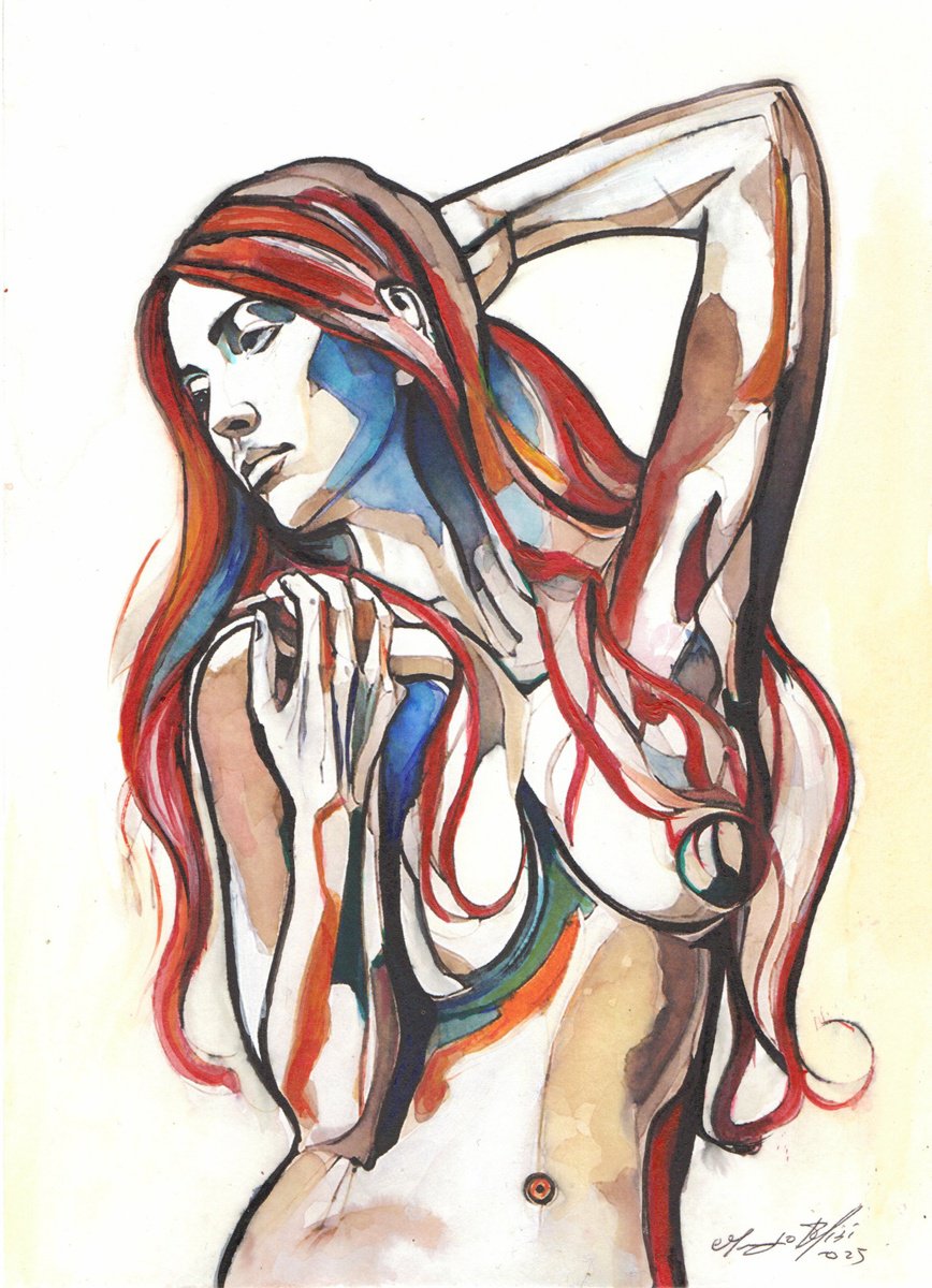 Impressionistic Portrait Acrylic Painting By Maurizio Puglisi, 8 X 11", Red Hot, Original Artwork