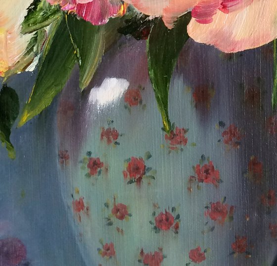 CORAL PEONIES IN A VASE - Still life. Delicate peonies. Unusual flowers. Blooming buds. Pastel shades. Luxurious. Peach.