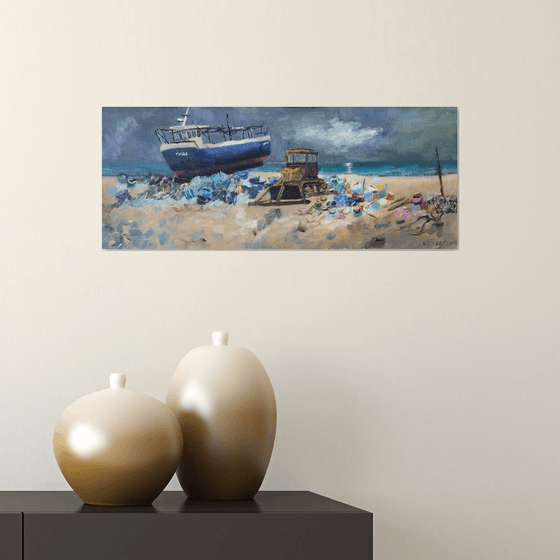 Fishing boats on the beach, oil painting
