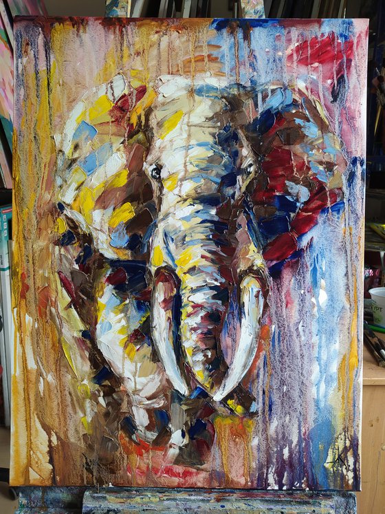 African motifs - african elephant, elephant, Africa, painting on canvas, animals oil painting, Impressionism, palette knife, gift.