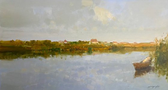 lake View, Landscape oil painting, Handmade artwork