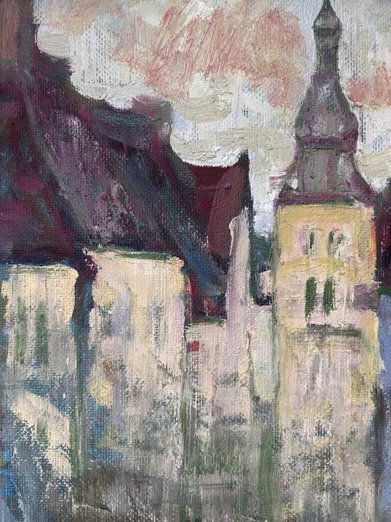 Original Oil Painting Wall Art Signed unframed Hand Made Jixiang Dong Canvas 25cm × 20cm Cityscape Market Street in Stuttgart, Germany Small Impressionism Impasto