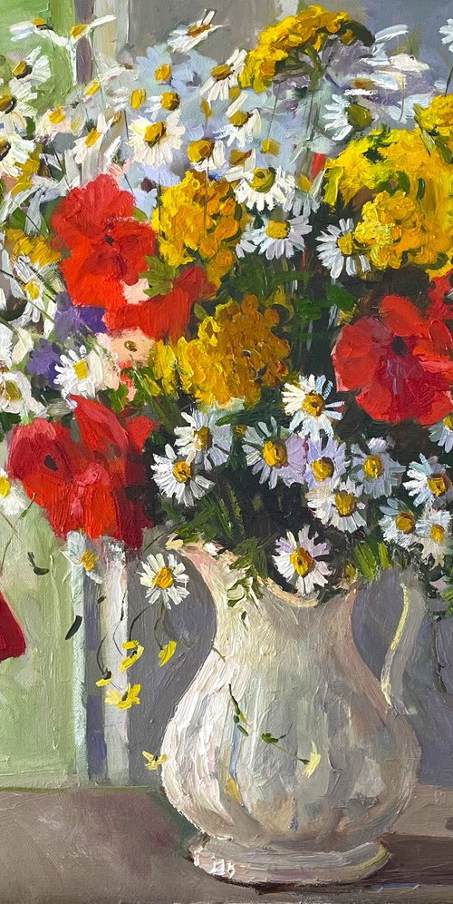 Still Life Painting with Wildflowers by Evgeniia Mekhova