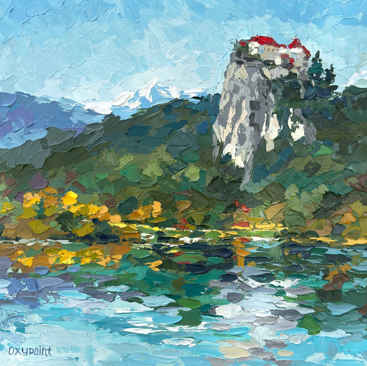 Impressionistic Landscape Oil Painting By Oxypoint, 12 X 12", "Bled Castle", Original Artwork