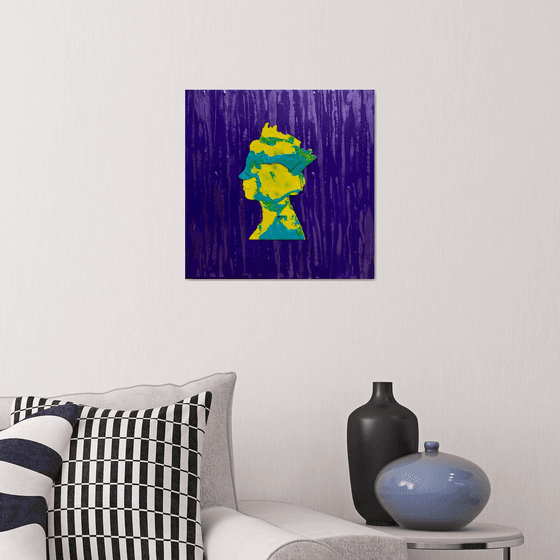 Queen # 82 on purple, yellow and blue MARBLE PATTERN PAINTING INSPIRED BY QUEEN ELIZABETH PORTRAIT