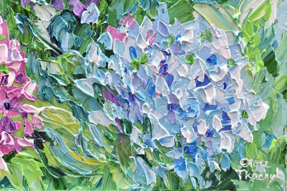 Blue and Pink Hydrangeas - Impasto Floral Acrylic Painting