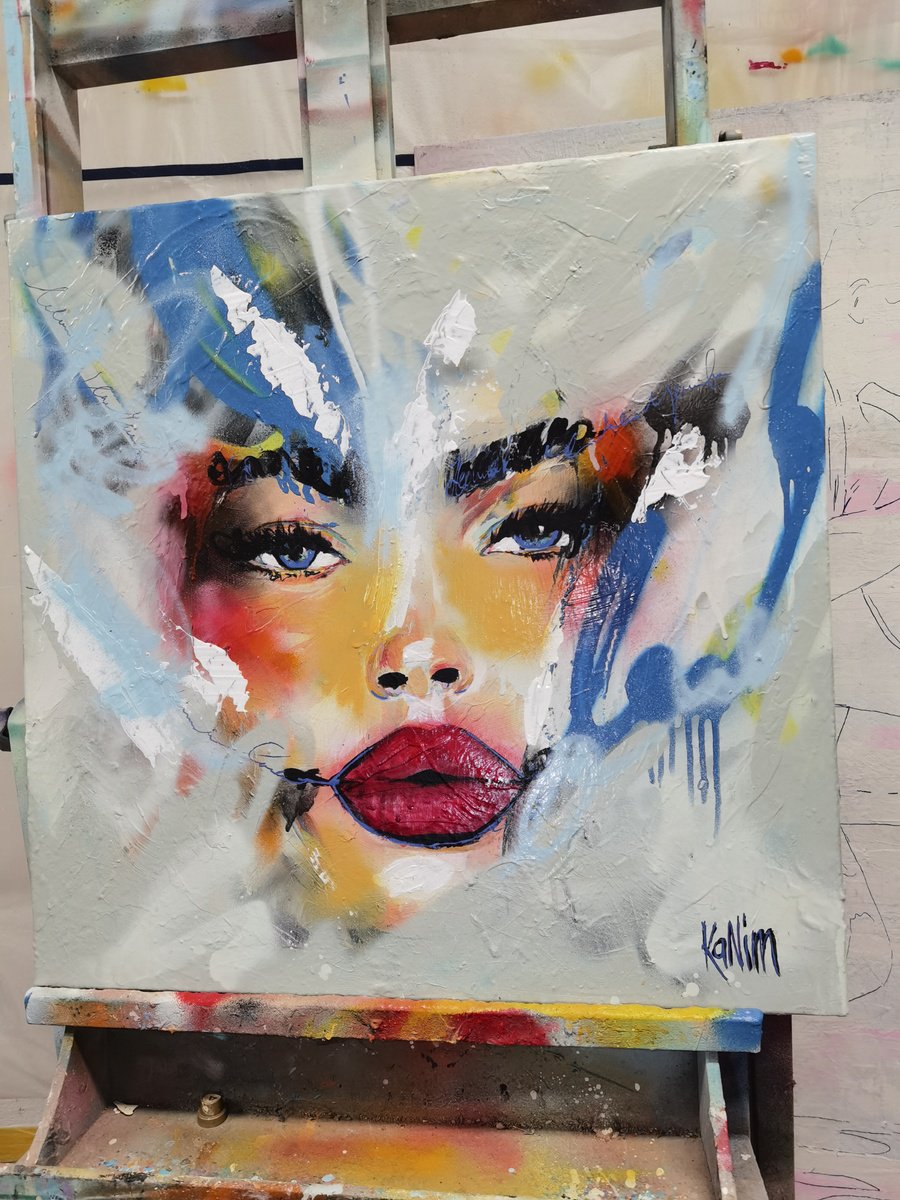 Urban And Pop Portrait Painting By Kanim, 24 X 24", Red With Wild Desire, Original Artwork