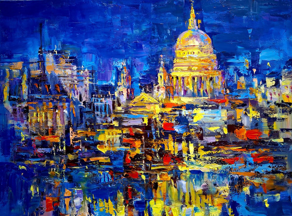 Abstract Cityscapes Oil Painting By Andrej Ostapchuk, 31 X 24, Fog Lights Over The Thames, Original Artwork