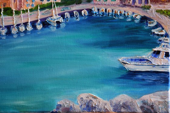 Ships seascape large oil painting on canvas, Greece panorama, coastal home decor