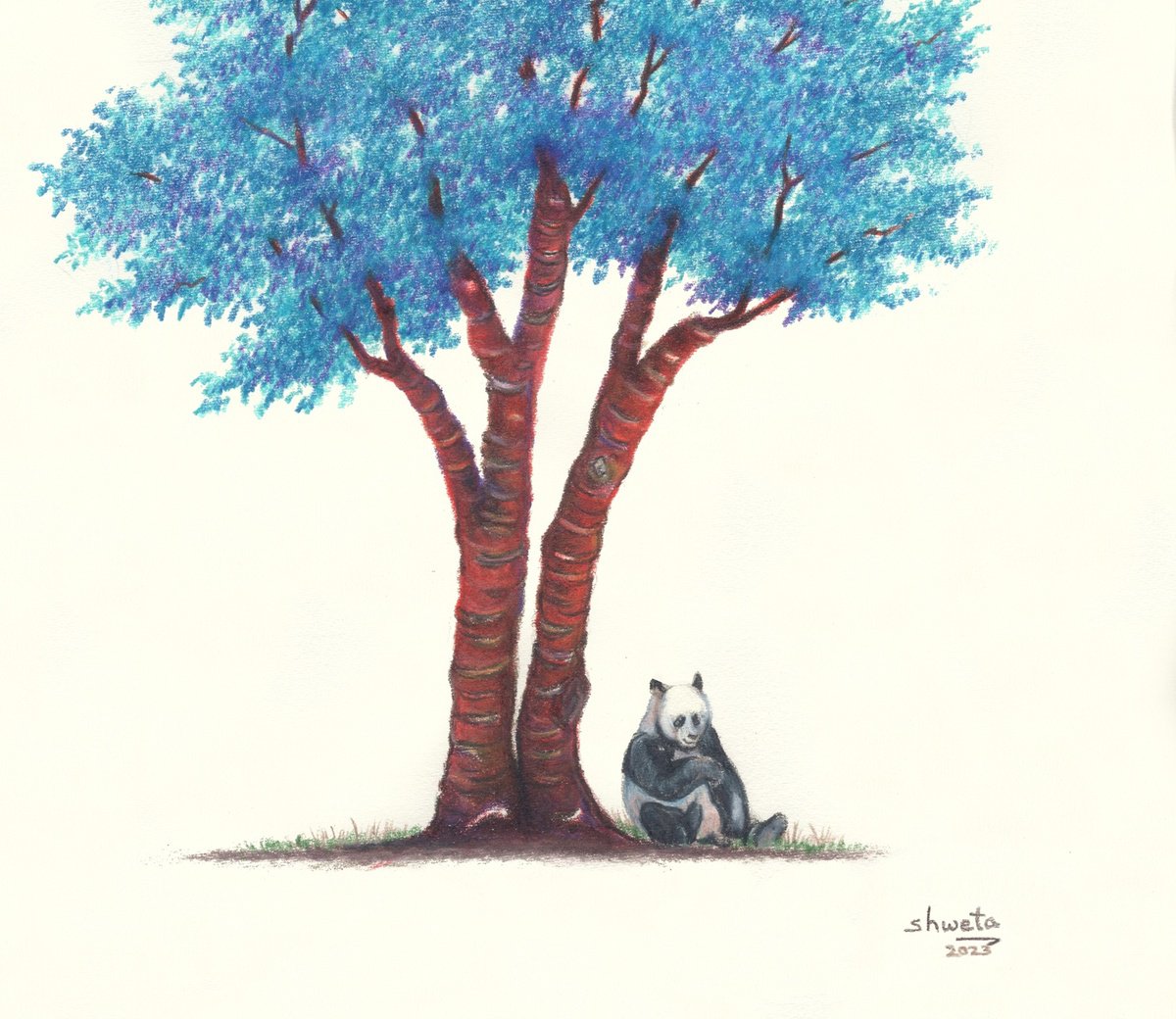 Photorealistic Botanical Pencil Drawing By Shweta Mahajan, 9 X 12", Panda Bear And The Blue Tree, Original Artwork