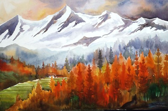 Autumn Forest & Snow Peaks - Watercolor Painting