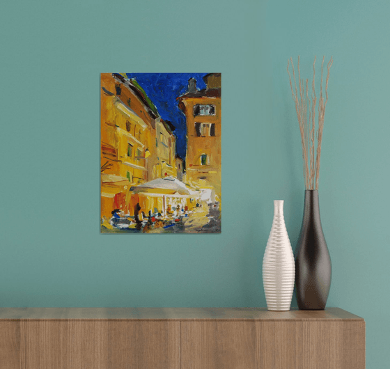 Evening cafe Streets of Rome Italian holiday series.  Original plein air oil painting .