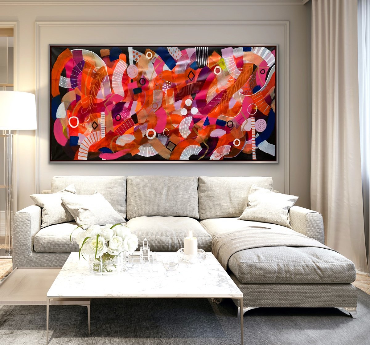 Organic Abstract Acrylic Painting By Rashna Hackett, 72 X 37", Meteor Over The Horizon, Original Artwork