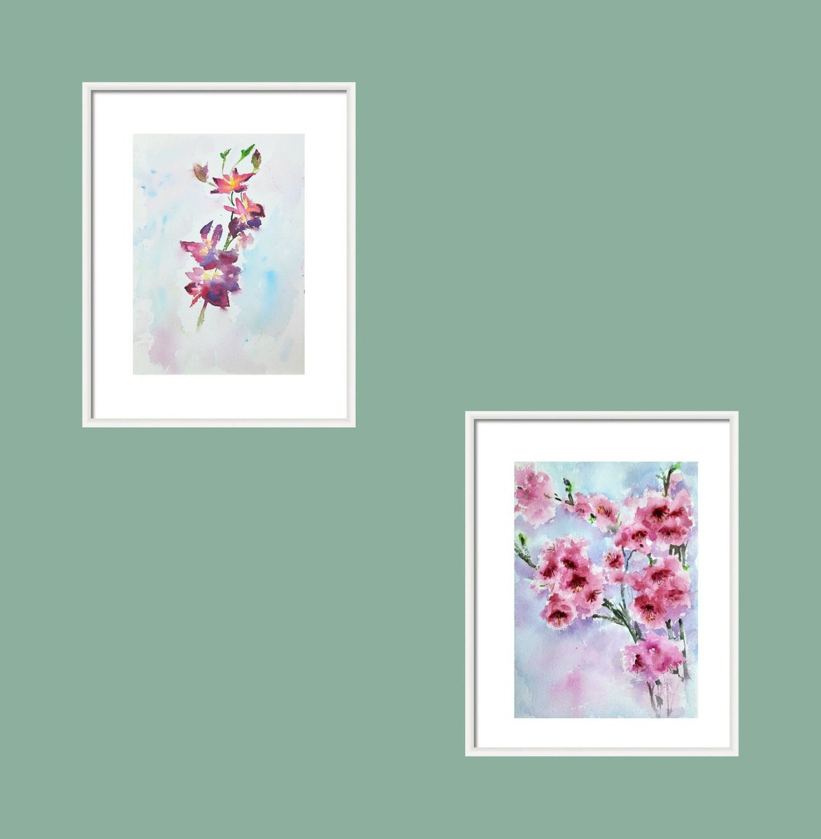 Impressionistic Botanical Watercolour By Asha Shenoy, 8 X 11, Purple Orchids And Pink Sakura Set Of Two, Original Artwork