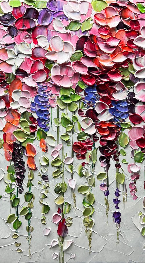Blooming Above - Original Abstract Falling Colorful Leaves Flower Painting, Pink Flower Painting, Size: 32 x 24 inches (80 x 60 cm) by Lana Guise