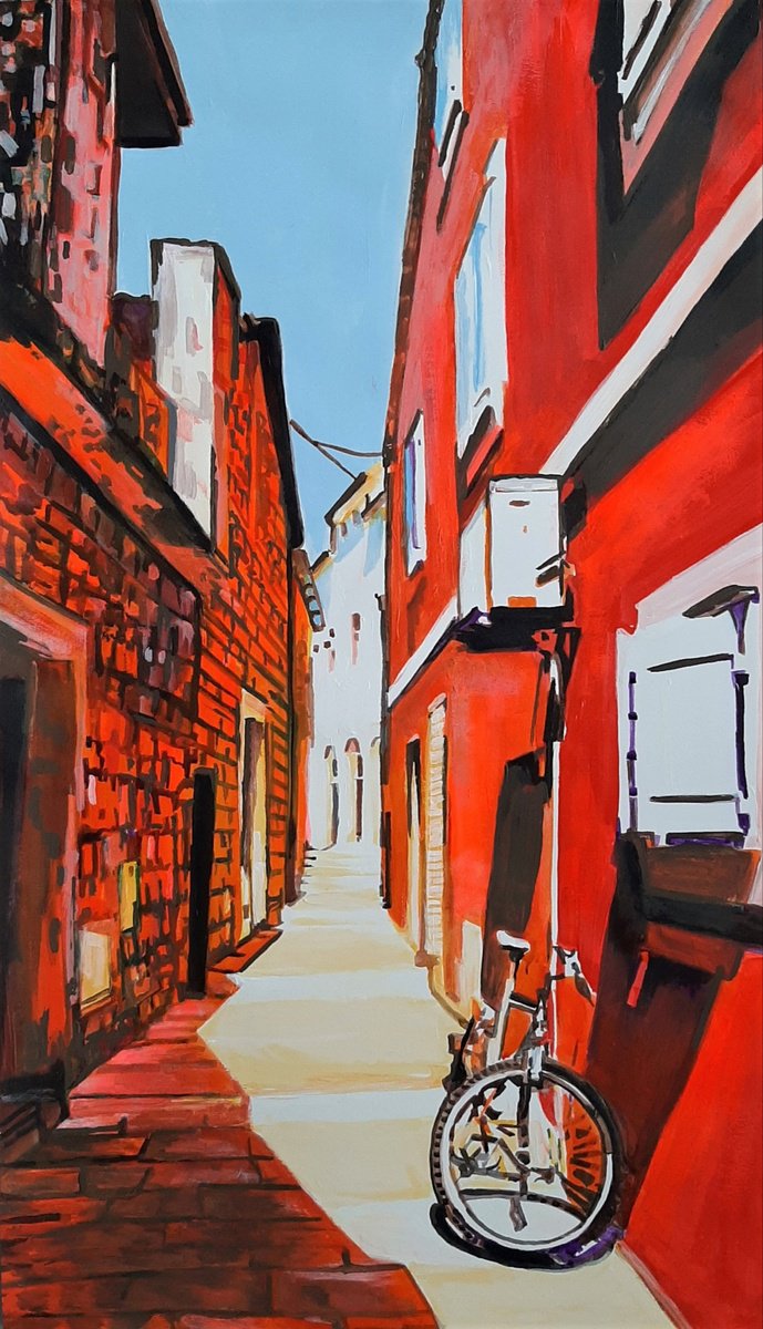 Organic Cityscapes Painting By Alexandra Djokic, 16 X 28, Mediterranean Street, Original Artwork