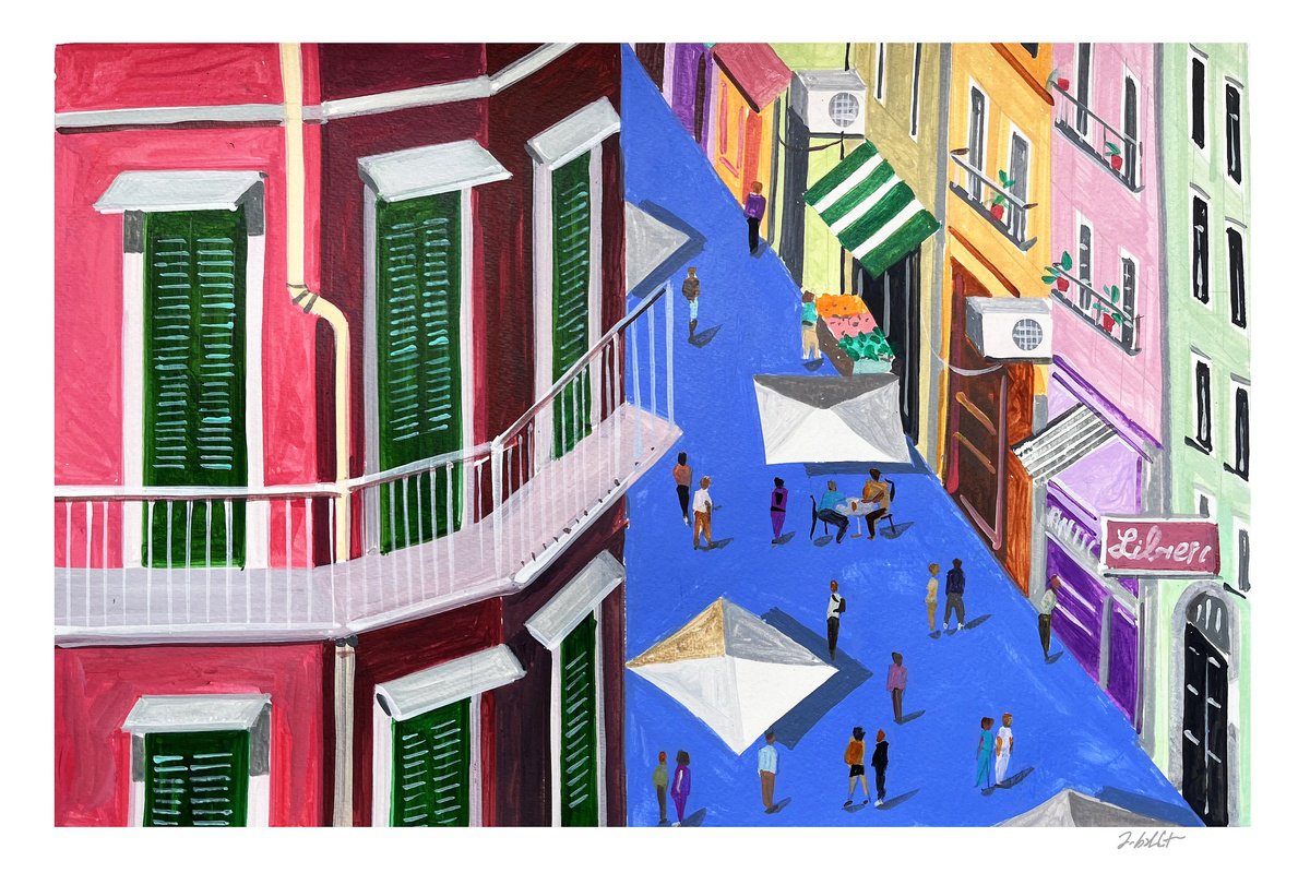 Urban And Pop Cityscapes Acrylic Painting By Andre Baldet, 18 X 13, Naples-04, Original Artwork