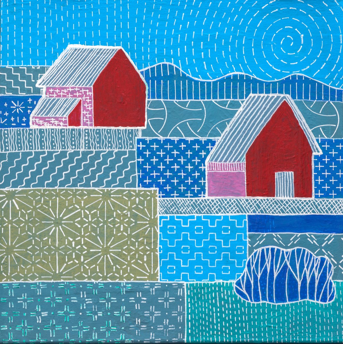 Naive Landscape Acrylic Painting By Ariadna De Raadt, 12 X 12, Landscape In Sashiko Style 2, Original Artwork