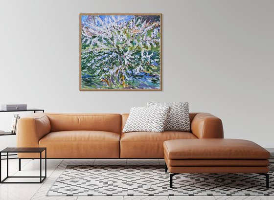 FLOWERING BUSH - original oil on canvas, floral landscape art, blooming tree plant, spring flower, interior decor