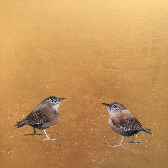 How About It? Two Little Wrens on Gold