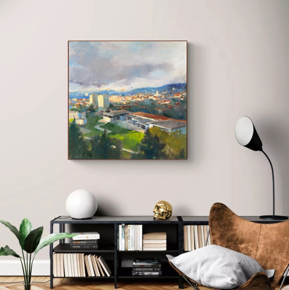Cityscapes Oil Painting By Olha Laptieva, 20 X 20", View From The Window. Nancy, Original Artwork
