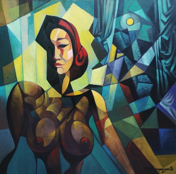Midnight (80x80cm, cubism, oil painting, ready to hang)