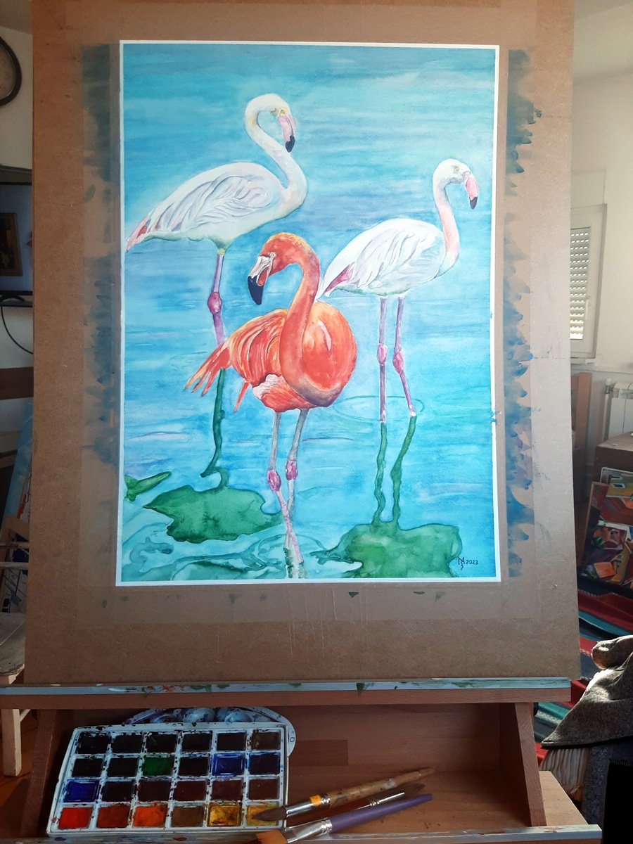 Impressionistic Animal Watercolour By Zoran Mihajlovic Muza, 16 X 23", Pretty Flamingos, Original Artwork