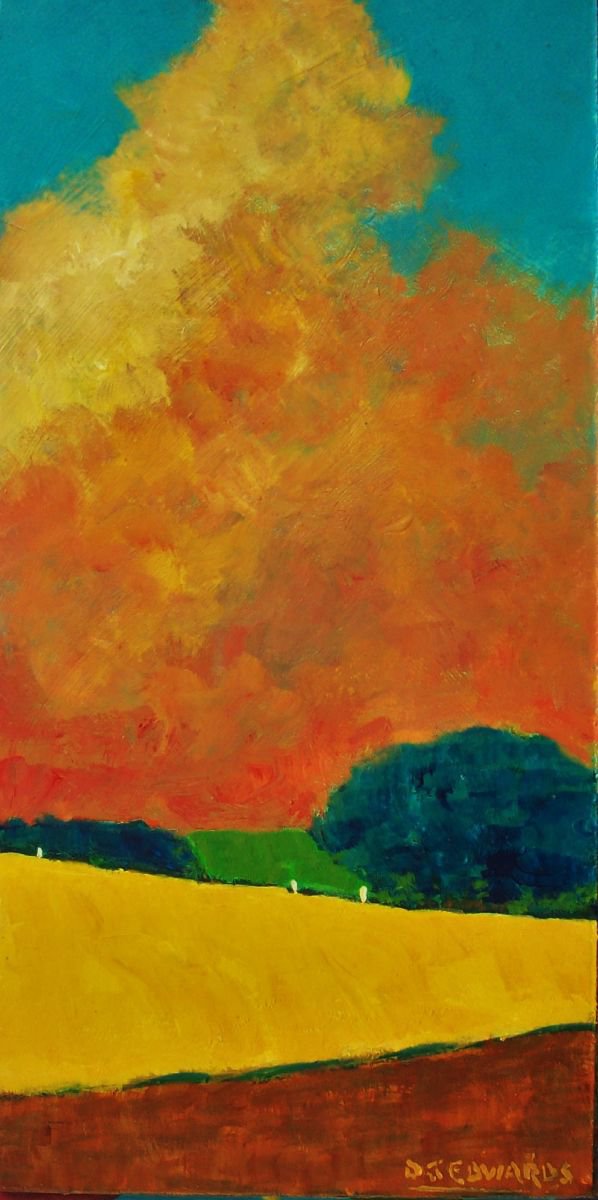 Impressionistic Landscape Acrylic Painting By David J Edwards, 8 X 16, Building Clouds, Original Artwork