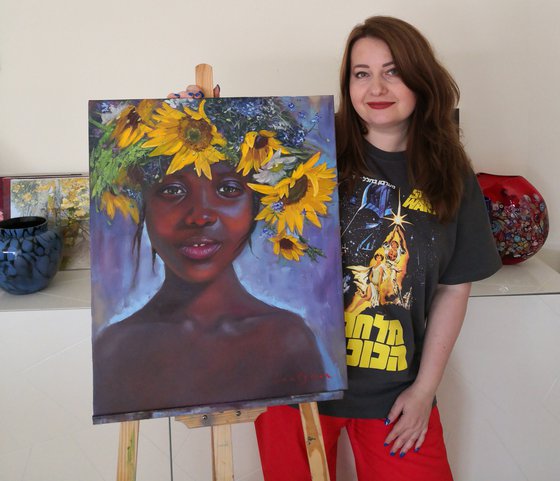 African american girl with flowers portrait