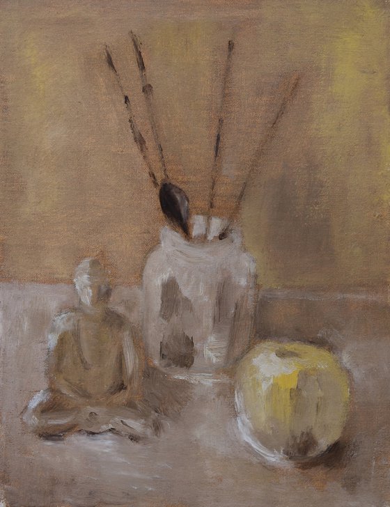 Sketch with wooden Buddha, chop sticks, Japanese  pear and spoon